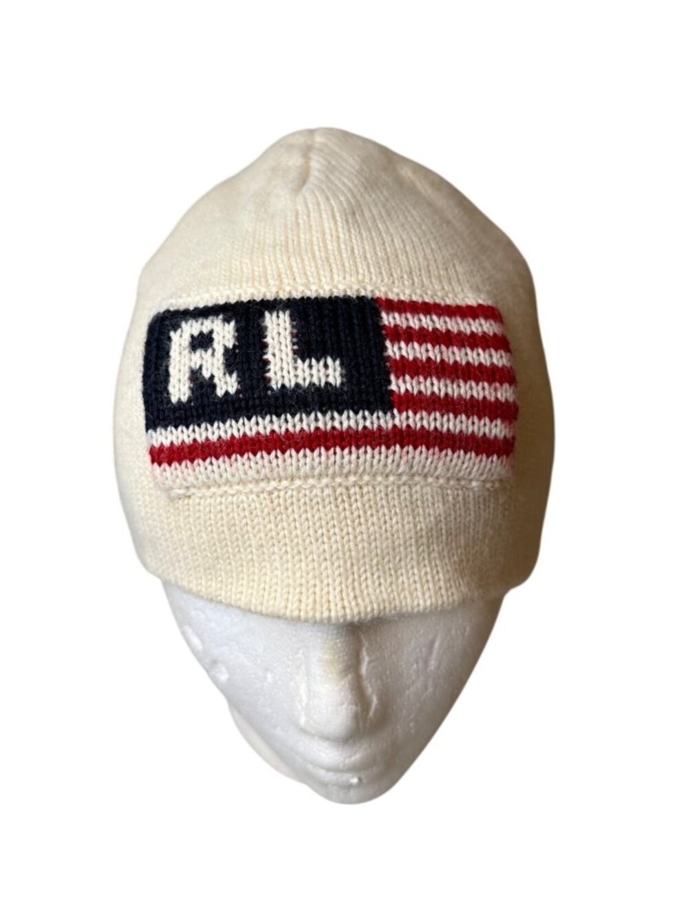 Y2K Polo Ralph Lauren Ivory Knit Beanie Hat With RL Flag Logo Acrylic & Wool Ble